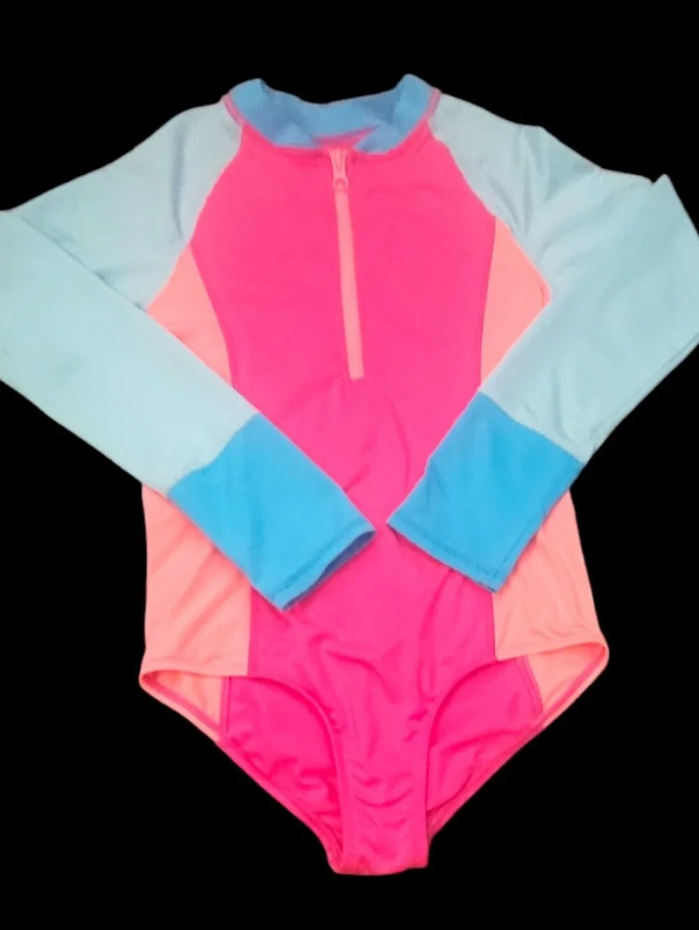 Land' End Girl's Long Sleeve Half-zip Rash-Guard One-piece Swimsuit